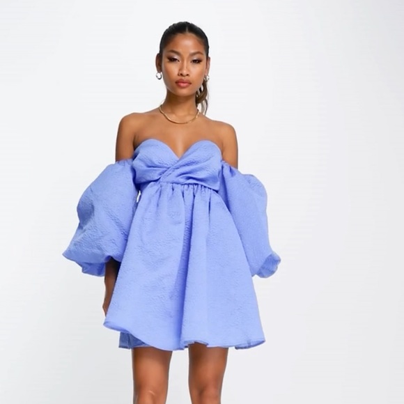 asos blue puff sleeve dress Asos Edition Off Shoulder Textured Mini Dress With Blouson Sleeve In Blue